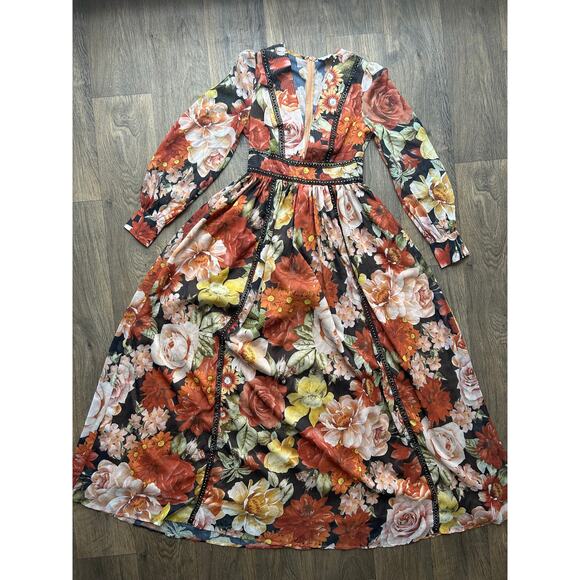 ❌SOLD❌ L'Atiste Burnt Orange Floral Semi Sheer Deep V Maxi Dress Size Small - Picture 2 of 11